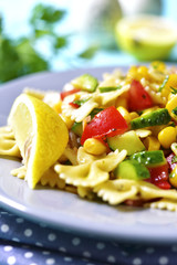 Pasta salad with tomato,bell pepper,cucumber and sweet corn.