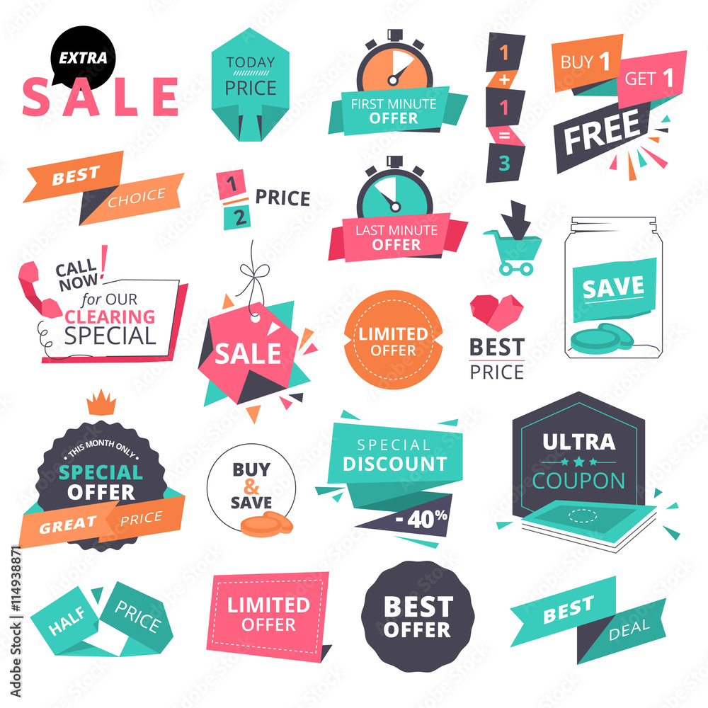Poster set of flat design style badges and elements for shopping. vector illustrations for website and mobi