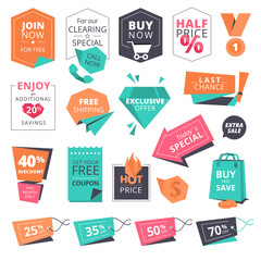 Set of flat design style badges and labels for shopping. Vector illustrations for website and mobile website, product promotion, sale banner template, ads, print material.