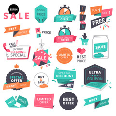 Set of flat design style badges and elements for shopping. Vector illustrations for website and mobile website, product promotion, sale banner template, ads, coupons, print material.