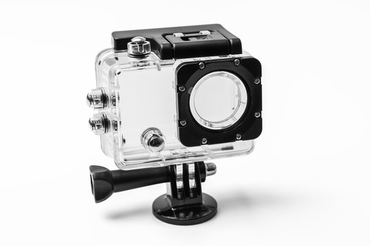 Action camera with case on white background