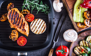 Grilled Chicken breast Brie Camembert Cheese Zucchini Pepper Chili and Mushrooms.