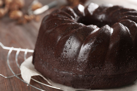 Chocolate muffin cake, on the table, close-up