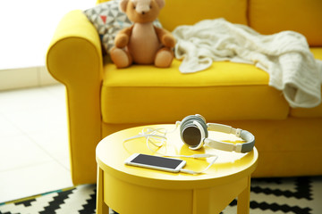 New headphones on the table in living room