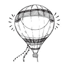 Fototapeta premium Hand drawn vector illustration - hot air balloon in the sky. Ske