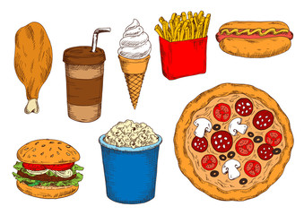 Sketches of fast food lunch with coffee, ice cream