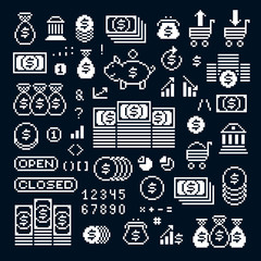Vector pixel icons isolated, collection of 8bit graphic elements