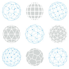Set of vector low poly spherical objects with connected lines an