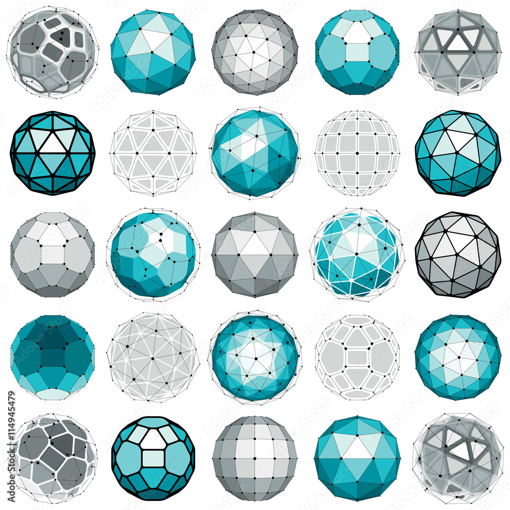 Poster set of perspective technology shapes, polygonal wireframe object