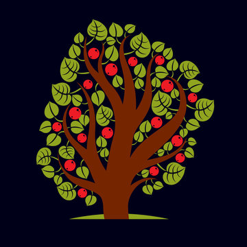 Tree with ripe apples, harvest season theme illustration. Fruitf