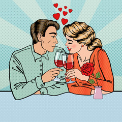 Romantic Couple with Glasses of Wine in Restaurant. Pop Art. Vector illustration