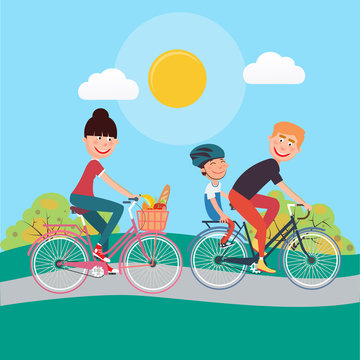 Happy Family Riding Bikes. Woman on Bicycle. Father and Son. Vector illustration