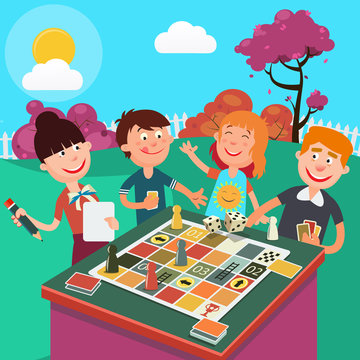 Family Playing Board Game Outdoor. Happy Family Weekend. Vector illustration