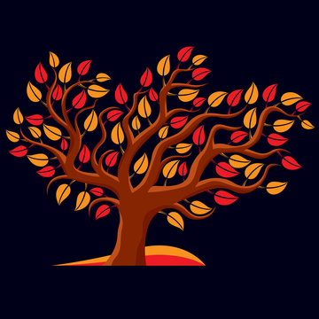 Art illustration of autumn branchy tree, stylized ecology symbol
