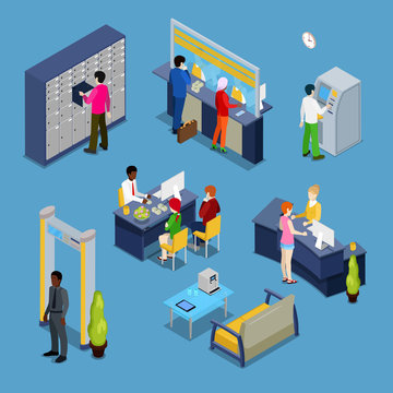 Bank Services Concept. Bank Interior With Clients And Bankers. Isometric People. Vector Illustration