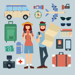 Tourist Man and Woman with Set of Travel Elements. Active People. Vector illustration © Pavlo Syvak