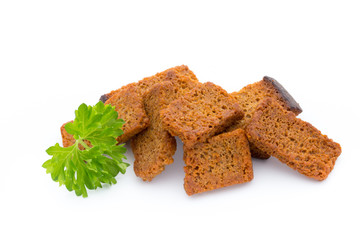 Bread croutons isolated on a white background.