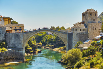 Fototapeta na wymiar The new Stari Most (Old Bridge), Tara, Hercegusa and Halebija towers