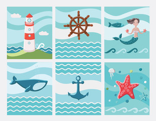 Fototapeta na wymiar Set of six Nautical cards