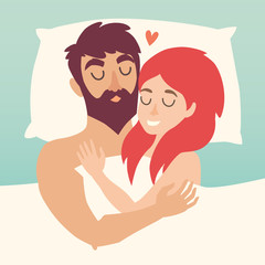 Man and woman couple at bed. Sleeping time vector illustration. People in love. Cartoon character romantic couple. Girl, boy icon. Honeymoon married people