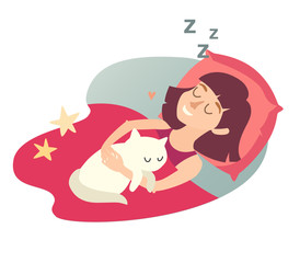 Sleeping girl with cat. Cartoon happy woman. Sweet dreams. Sleeping girl icon. Sleep at home, sleeping cat. Vector illustration on white background. Flat sticker
