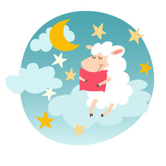 Sleeping sheep with pillow on night sky sticker. Sweet dreams. Cartoon happy lamb,moon, star for baby. Vector illustration on white background. Flat sticker