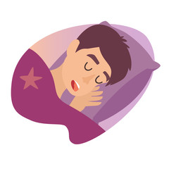 Sleeping man. Cartoon boy at bed. Cartoon character men on pillow. Sweet dreams. Sleeping man icon. Snoringman. Sleep icon.Vector illustration on white background.Flat sticker