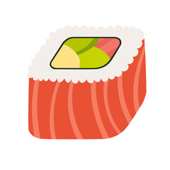Sushi roll with red fish, japanese food. Sushi roll cartoon style icon. Philadelphia sushi roll. Isolated on white background, hand draw style