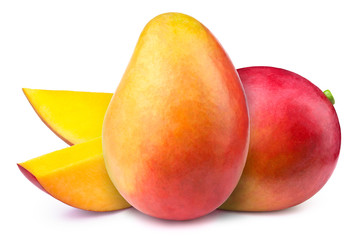 Two mangoes with slices isolated on white background, with clipping path
