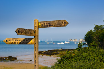 Studland signpost and beach near Old Harry Rocks