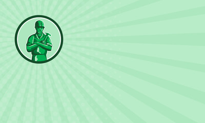 Business card Green Builder Holding Hammer Circle Retro