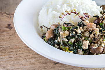 Thai food, rice topped with stir-fried minced pork and basil and barometer earthstar