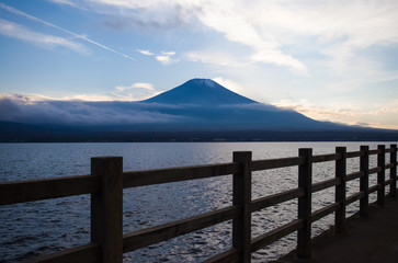 Mountain Fuji and Yamanaka lake in evening autumn season