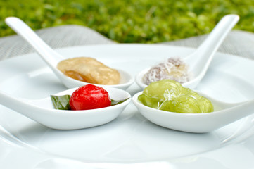 The art of Thai dessert on spoon , Traditional Thai dessert
