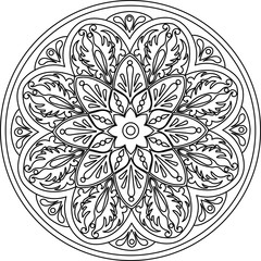 Drawing of a abstract vector with floral round lace mandala, decorative element in ethnic tribal style, black line art on a white background