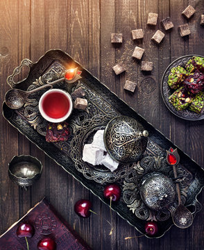 Turkish delights and tea on the table in Istanbul