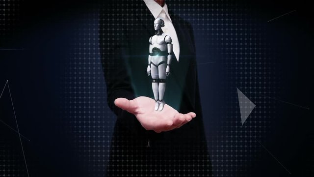 Businesswoman open palms, Rotating transparency 3D robot body.