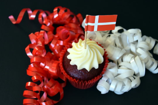 Danish National Day Cupcake With Red And White Flag. Denmark Constitution Day. Glad Grundlovsdag.