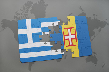 puzzle with the national flag of greece and madeira on a world map background.