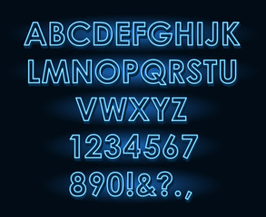 Vector neon tube blue light letters font on dark background