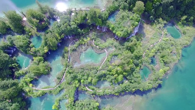 Aerial view of waterfalls and lakes in Plitvice National Park.