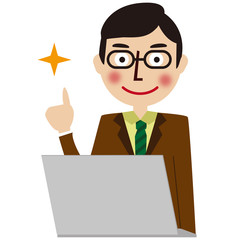 パソコンの前の茶色いスーツの男性　指さし　上半身