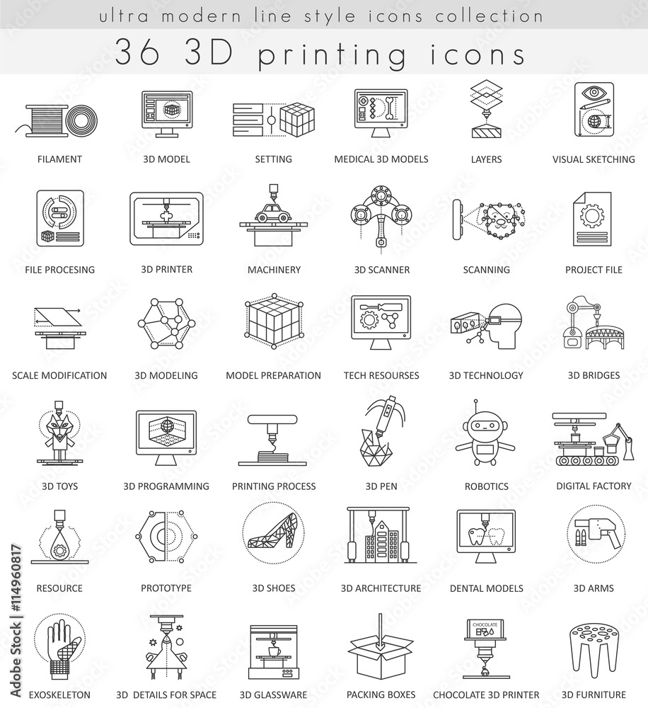 Poster vector 3d printing ultra modern outline line icons for web and apps.