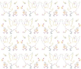 Cute childish seamless pattern with mother goose, her little child and flowers. Colorful ornamental lines. Vector illustration.