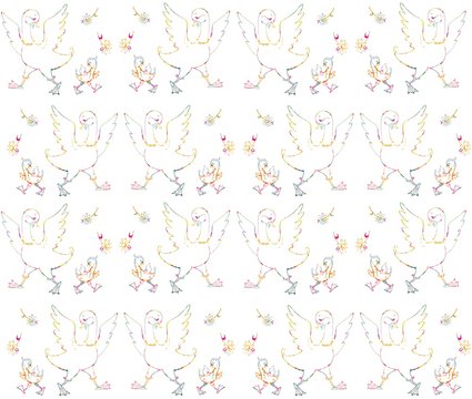 Cute childish seamless pattern with mother goose, her little child and flowers. Colorful ornamental lines. Vector illustration.