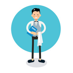 Young cheerful waiter stands with menu and napkin on hand