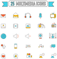 Flat line color multimedia and social media tool equipment sign and symbol icon collection set, create by vector
