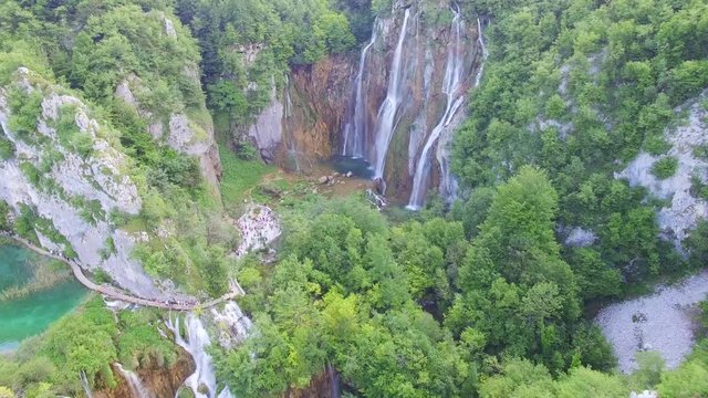 Aerial view of waterfalls and lakes in Plitvice National Park.