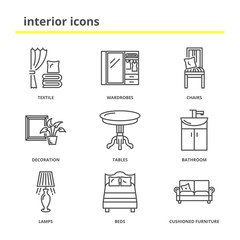 Home interior icons set: textile, wardrobes, chairs, decoration,