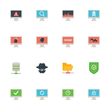 Computer viruses and network vector icons set